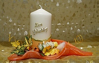 Stumpenkerze 110 orange ZUM GEBURTSTAG