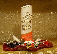 schraege Stumpenkerze 65/240 rot ZUR GOLDENEN HOCHZEIT