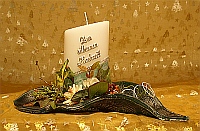 schraege Stumpenkerze 60/120 gr�n ZUR SILBERNEN HOCHZEIT