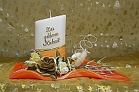 schraege Stumpenkerze 65/120 orange ZUR GOLDENEN HOCHZEIT