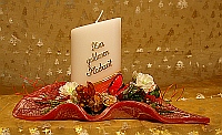 schraege Stumpenkerze 65/120 rot ZUR GOLDENEN HOCHZEIT